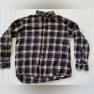 Brown White Blue Plaid Flannel Button Up Long Sleeve Short - Men’s Large